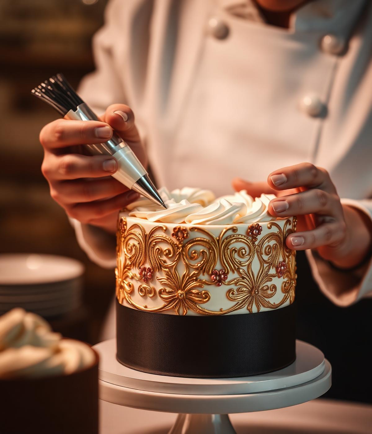 Confeiteira decorando bolo artesanal com detalhes em ouro