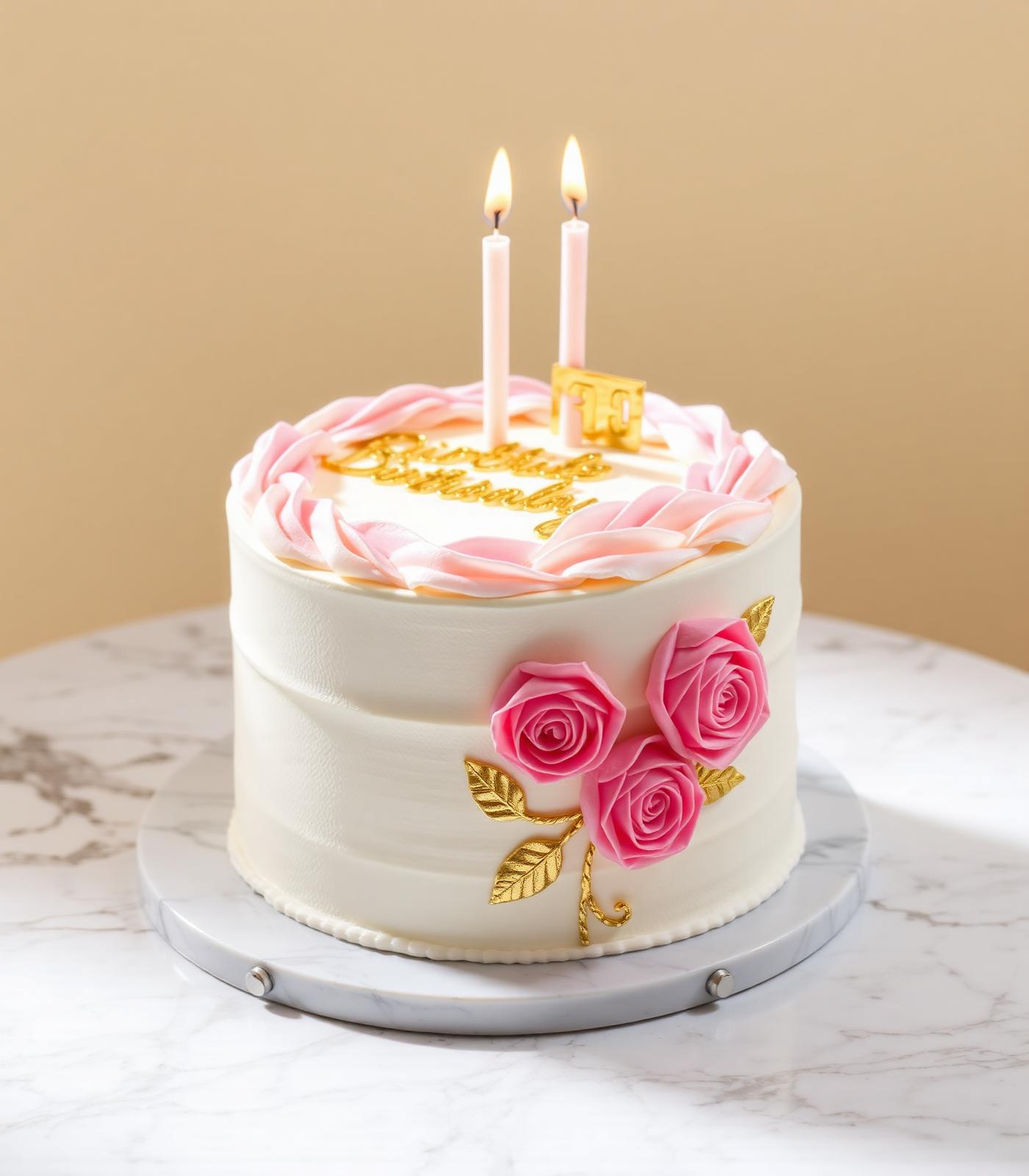 Bolo confeitado artesanal decorado com rosas de açúcar e detalhes em ouro